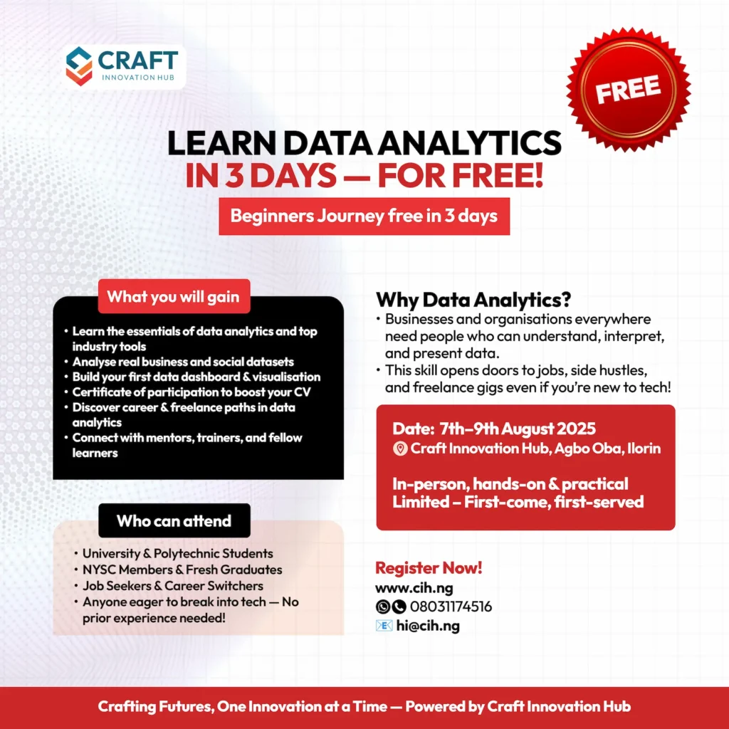 Craft Innovation Hub is offering a free, in-person 3-day training in Data Analytics as part of its August Launch Week.
