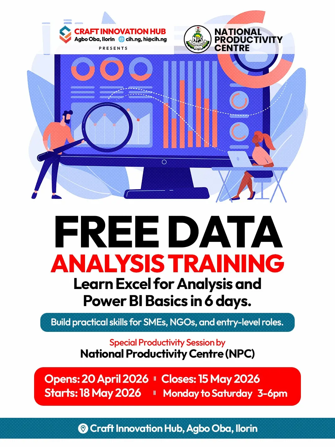 Free Data Analytics Training in Ilorin at Craft Innovation Hub.